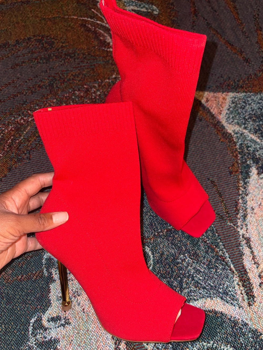 Red Peep-Toe Sock Boots with Gold Stiletto Heel